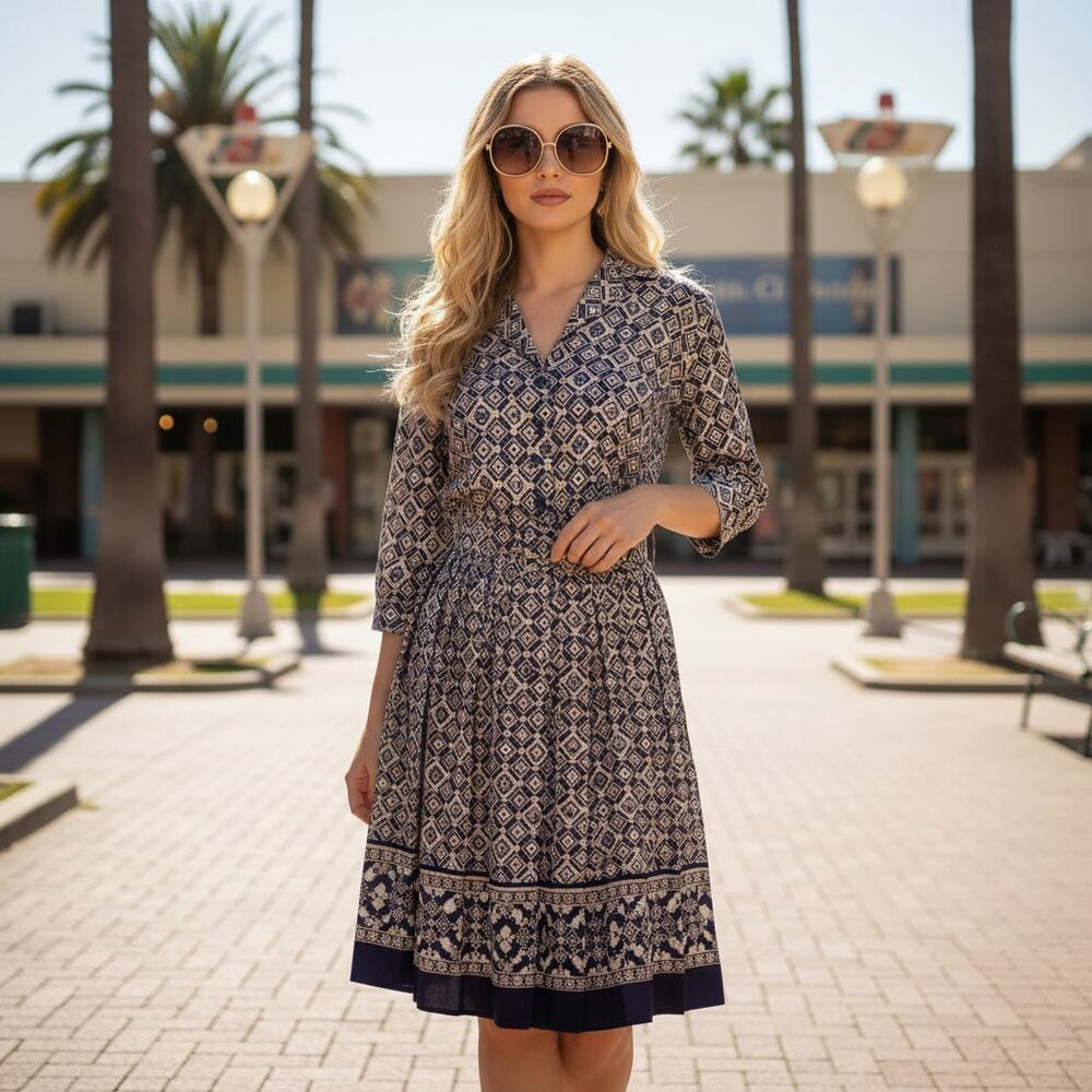 Vintage 70s/80s Breli Originals Geometric Belted Dress Size 6 USA‑Made
